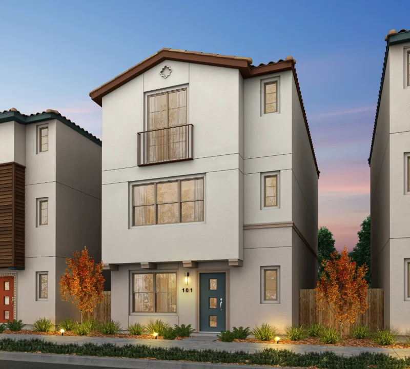 An exterior rendering of an upscale three-story single-family home at Chattleton Place under a gradient sky at dusk.