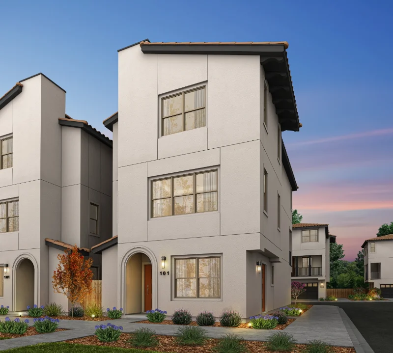 A rendering of Chattleton Place showing a three-story single-family home with white stucco, modern architectural elements, and an arched entryway.